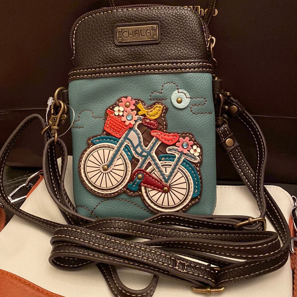 7.5”Teal Floral Bicycle Cellphone Crossbody Purse By Chala New without Tag